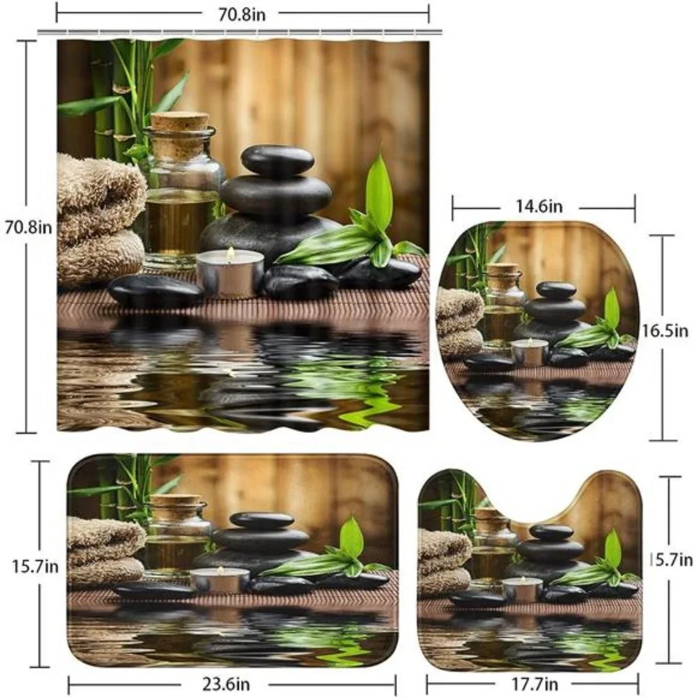 4 Pcs Shower Curtain Set Stones spa Oil Wood Massage Relax Candle ayurvedic